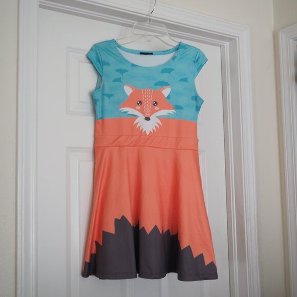 Fox Print Girls Dress for Kids Orange and Blue with Printed Tail Sz Girls 12 - Picture 2 of 10